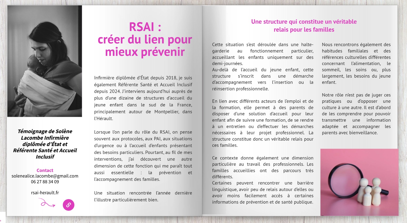 Première page de l'article « RSAI : créer du lien pour mieux prévenir » de Solène Lacombe, paru dans le Journal national des Référents Santé et Experts de la petite enfance